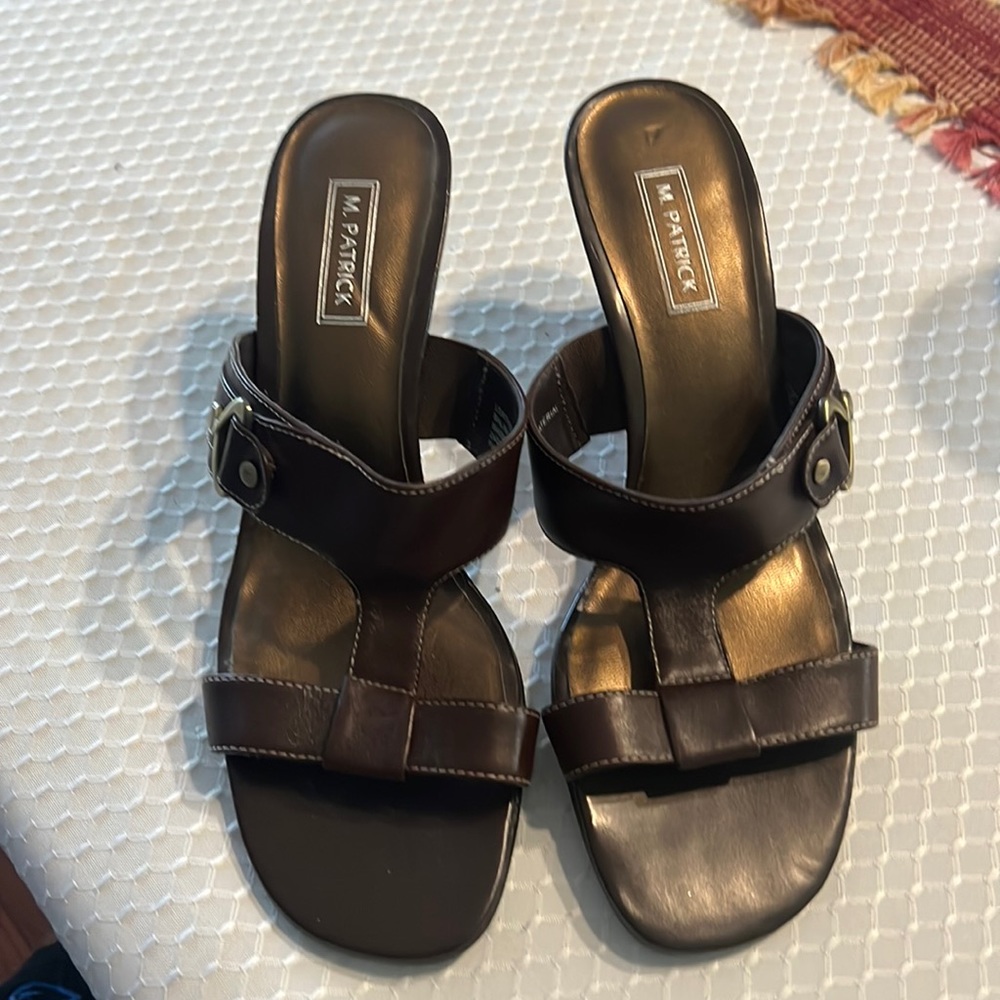Brown Leather open toe heels. By M.Patrick